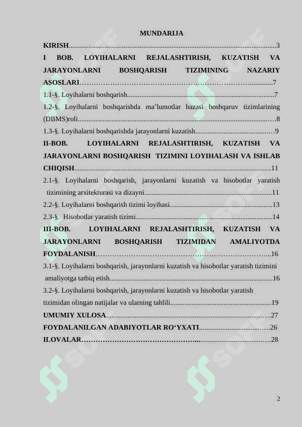 . LOYIHALARNI REJALASHTIRISH, KUZATISH VA JARAYONLARNI BOSHQARISH TIZIMINING NAZARIY 2