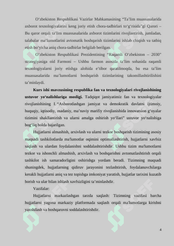 . LOYIHALARNI REJALASHTIRISH, KUZATISH VA JARAYONLARNI BOSHQARISH TIZIMINING NAZARIY 4