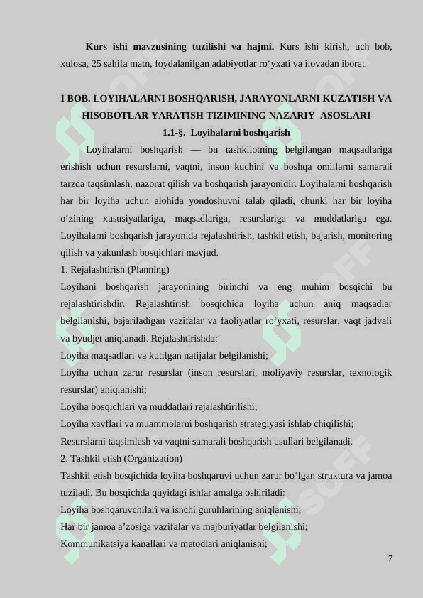 . LOYIHALARNI REJALASHTIRISH, KUZATISH VA JARAYONLARNI BOSHQARISH TIZIMINING NAZARIY 7