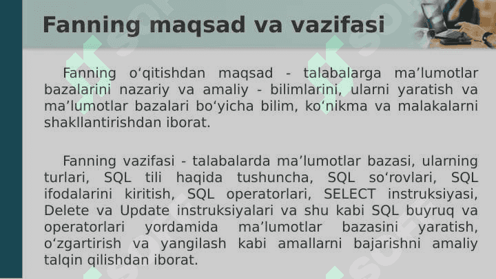 Berilganlar bazasi. Ma'lumotlar bazasi faniga kirish 2