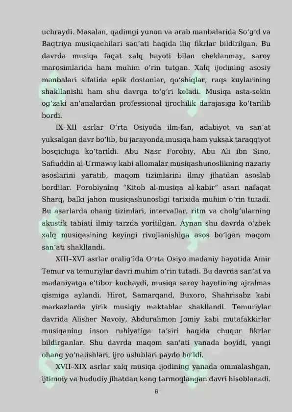 O‘zbek  xalq milliy musiqa ijodi yoshlarni  ma’naviy tarbiyasida muhim omildir 8
