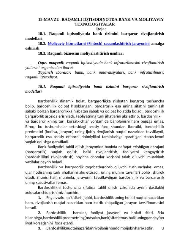 RAQAMLI IQTISODIYOTDA BANK VA MOLIYAVIY TEXNOLOGIYALAR