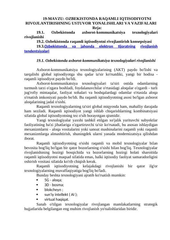 : OZBEKISTONDA RAQAMLI IQTISODIYOTNI RIVOJLANTIRISHNING USTUVOR YONALISHLARI VA VAZIFALARI