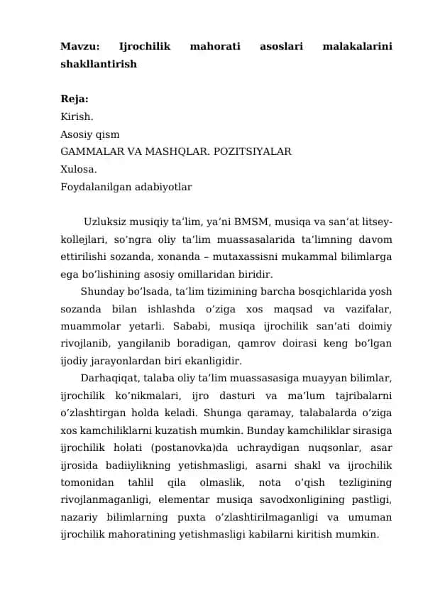 Ijrochilik mahorati asoslari malakalarini shakllantirish 1