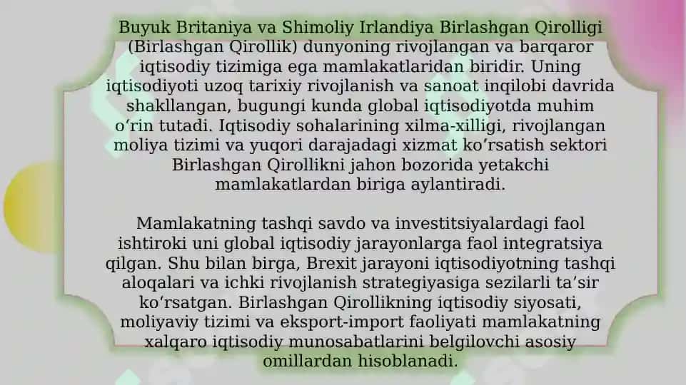Buyuk Britaniya va Shimoliy Irlandiya Birlashgan Qirolligi iqtisodiyoti. Jahon mamlakatlari bilan olib borayotgan iqtisodiy munosabatlari 3