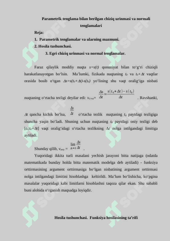 Parametrik tenglama bilan berilgan chiziq urinmasi va normali tenglamalari. 2