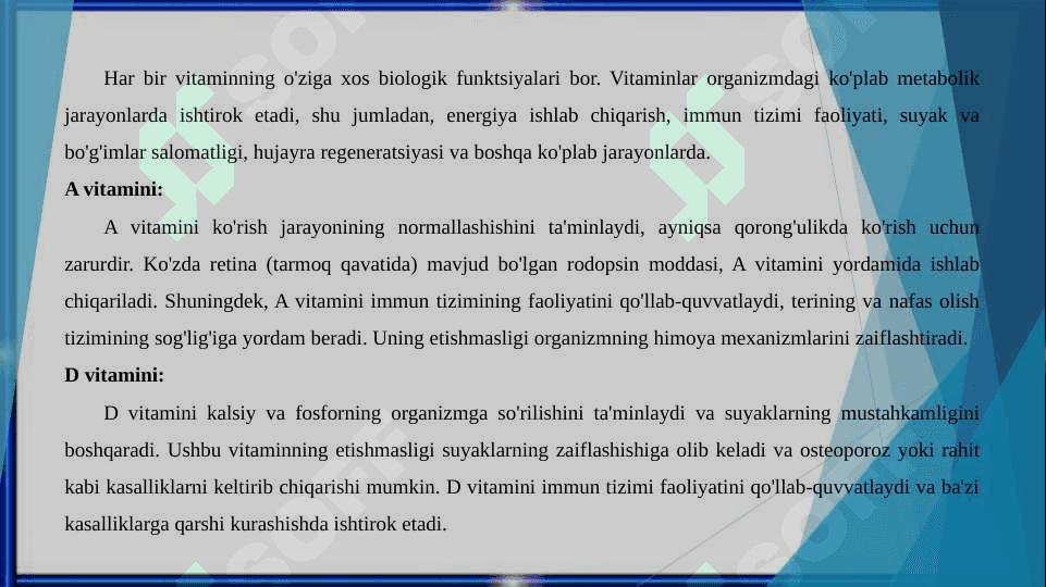 Tabiiy va suniy vitaminlarni metabolizmi va ekskresiyalanishi 7