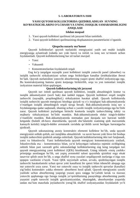 YASSI QUYOSH KOLLEKTORIDA QIZDIRILADIGAN  SUVNING KO‘RSATKICHLARINI O‘LCHASH VA UNING ISSIQLIK SAMARADORLIGINI ANIQLASH 1
