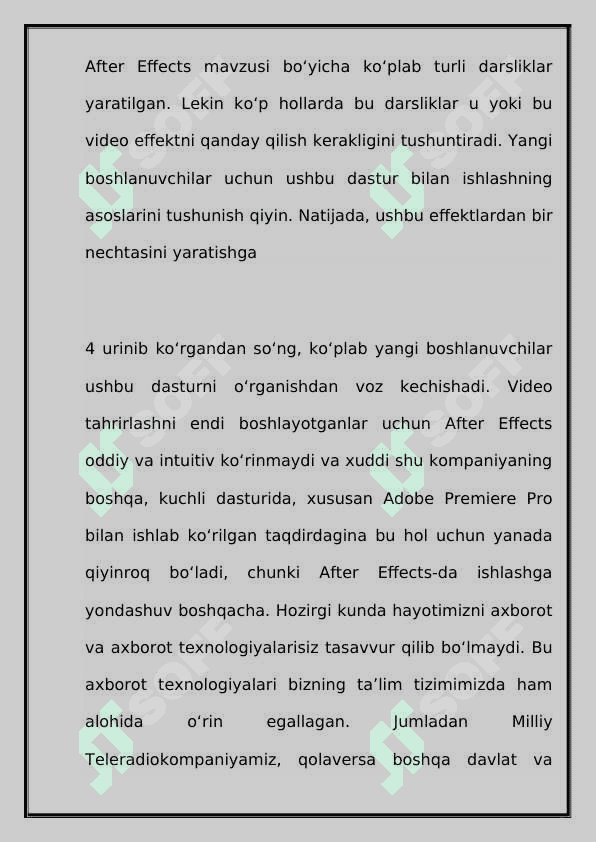 Maxsus effektlar uchun kompyuter texnologiyalari. Adobe after effects dastur 4