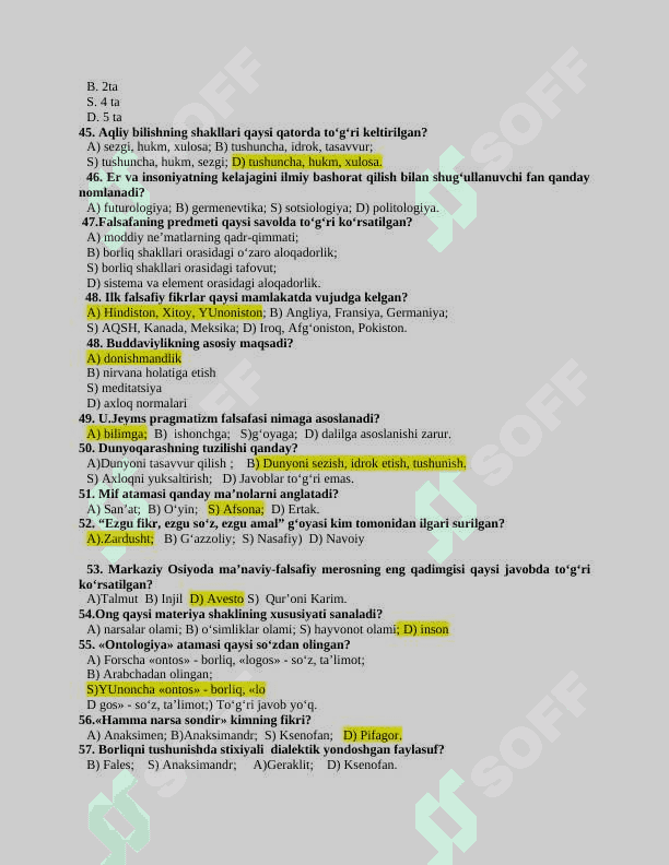 Falsafa fanidan test savollari va javoblari 5