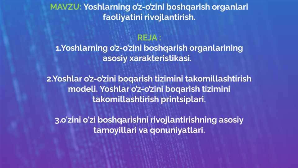 Yoshlarning oʻzini-oʻzi boshqarish organlari faoliyatini rivojlantish 1