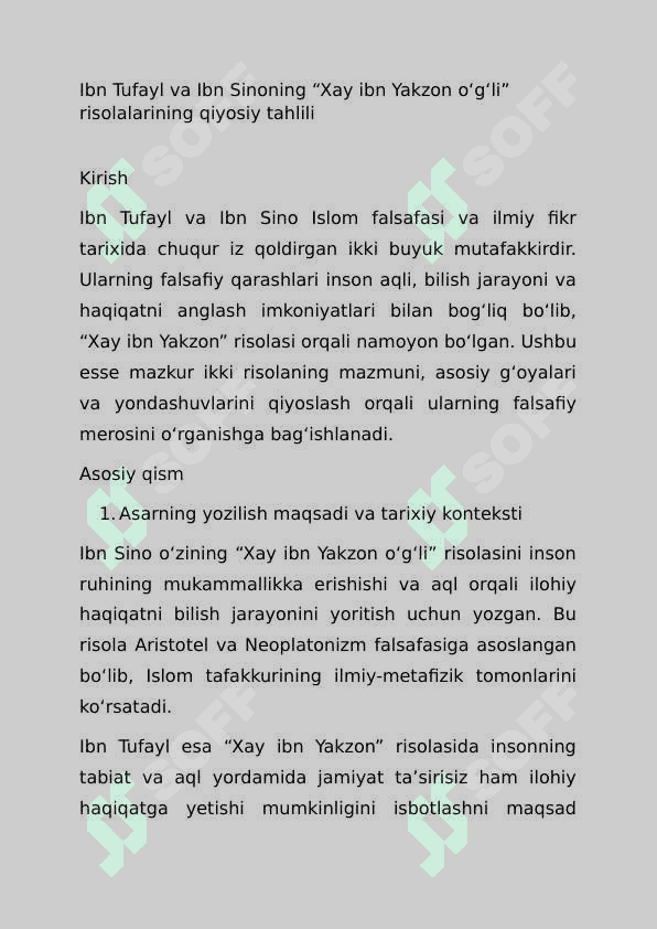 Ibn Tufayl va Ibn Sinoning “Xay ibn Yakzon o‘g‘li” risolalarining qiyosiy tahliliA 2