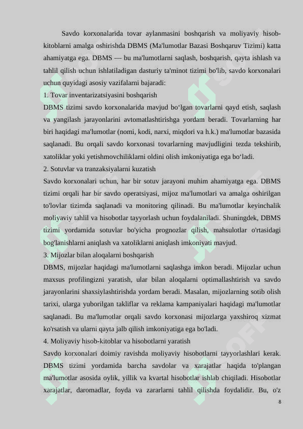 SAVDO KORXONASIDA TOVAR AYLANMASINI BOSHQARISH VA MOLIYAVIY HISOBOTLARNI YARATISH TIZIMI 8