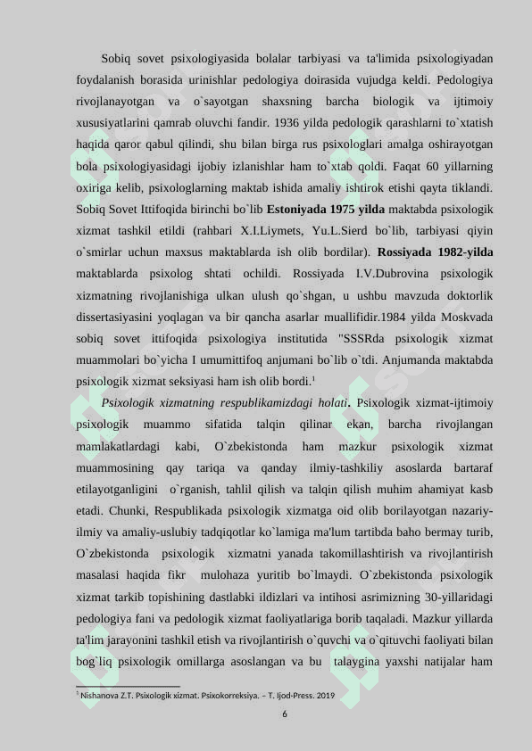 Boshlang'ich sinf o'quvchilarga psixologik xizmat ko'rsatish amaliyotini takomillashtirishning ilmiy-amaliy mexanizmlari. 6