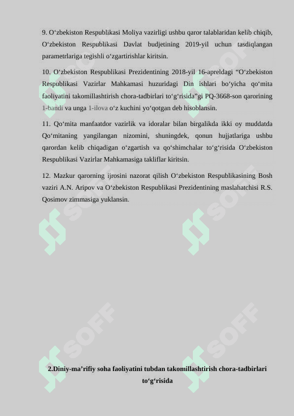 Prezident Sh.Mirziyoyevning Oliy Majlisga "Murojaatnomaa"larida diniy-ma'rifiy soha rivojiga e'tibor qaratilishi 8