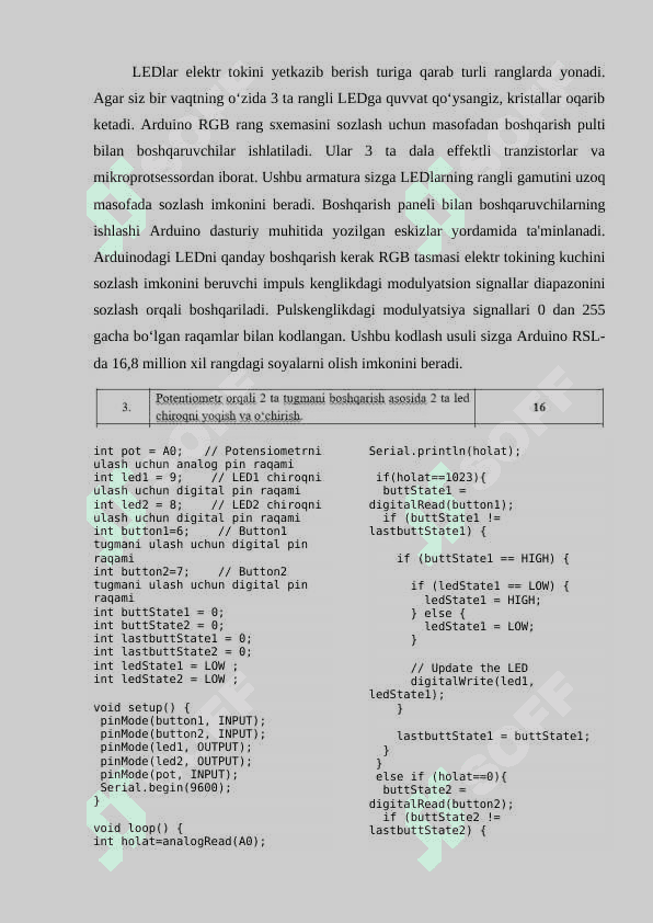 Potensiometr, RGB diod va 1 va 4 razryadli 7 segmentli indikator yordamida berilgan topshiriqlarni bajarish 4