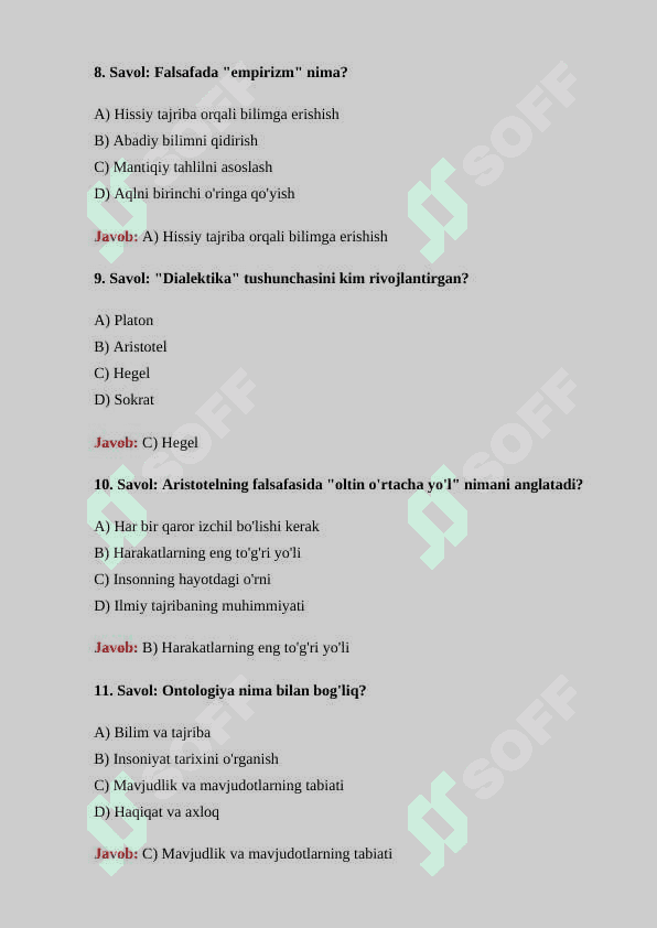 Falsafa fanidan 30 ta test savollari javoblari bilan 3