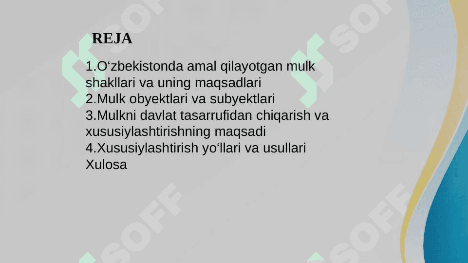 O‘ZBEKISTONDA AMAL QILAYOTGAN MULK SHAKLLARI MULK  OBYEKTLARI, SUBYEKTLARI, MULKNI DAVLAT TASARRUFIDAN  CHIQARISH VA XUSUSIYLASHTIRISHNING MAQSADI YO‘LLARI VA  USULLARI 2