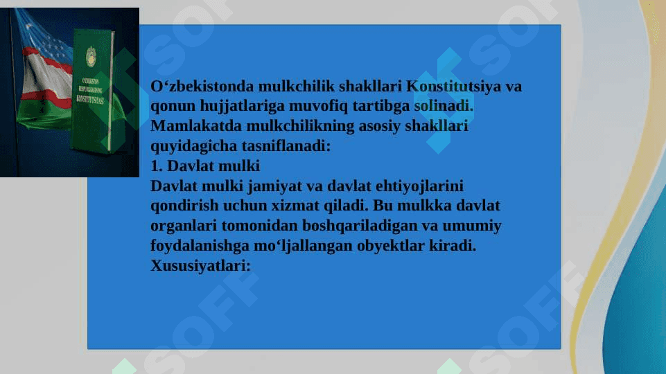 O‘ZBEKISTONDA AMAL QILAYOTGAN MULK SHAKLLARI MULK  OBYEKTLARI, SUBYEKTLARI, MULKNI DAVLAT TASARRUFIDAN  CHIQARISH VA XUSUSIYLASHTIRISHNING MAQSADI YO‘LLARI VA  USULLARI 3