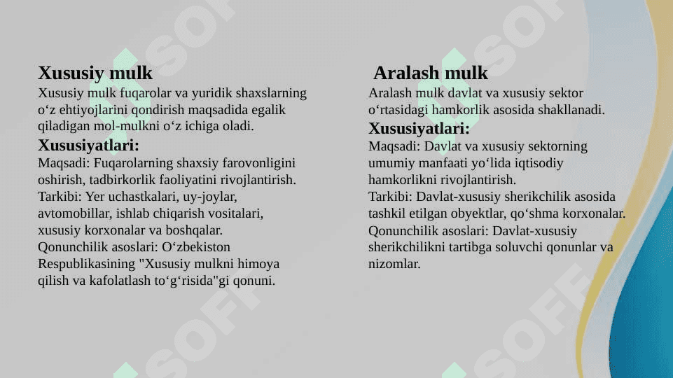 O‘ZBEKISTONDA AMAL QILAYOTGAN MULK SHAKLLARI MULK  OBYEKTLARI, SUBYEKTLARI, MULKNI DAVLAT TASARRUFIDAN  CHIQARISH VA XUSUSIYLASHTIRISHNING MAQSADI YO‘LLARI VA  USULLARI 4