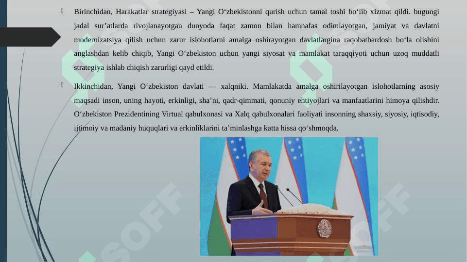 YANGI O'ZBEKISTONDA PREZIDENT SH.M.MIRZIYOYEV RAHBARLIGI VA TASHABBUSI OSTIDA AMALGA OSHIRILAYOTGAN ISLOHOTLAR 4