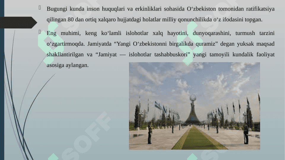 YANGI O'ZBEKISTONDA PREZIDENT SH.M.MIRZIYOYEV RAHBARLIGI VA TASHABBUSI OSTIDA AMALGA OSHIRILAYOTGAN ISLOHOTLAR 6