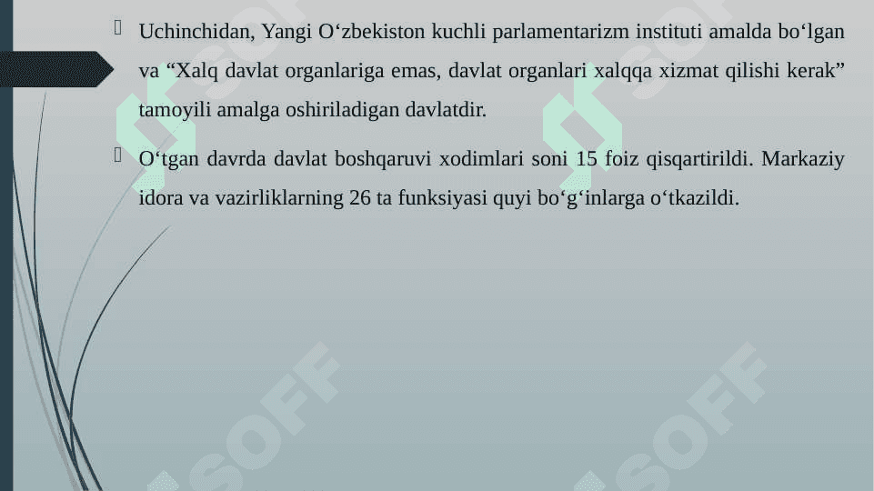 YANGI O'ZBEKISTONDA PREZIDENT SH.M.MIRZIYOYEV RAHBARLIGI VA TASHABBUSI OSTIDA AMALGA OSHIRILAYOTGAN ISLOHOTLAR 7