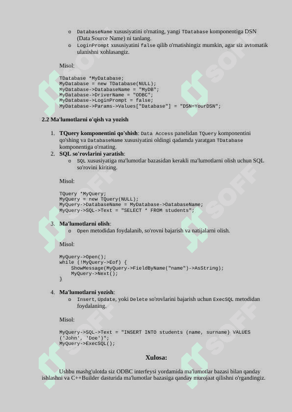 Ochiq ma'lumotlar bazasi (odbc) interfeysi va ma'lumotlar bazasiga murojaatni tashkil etishda C++builder dasturi 2