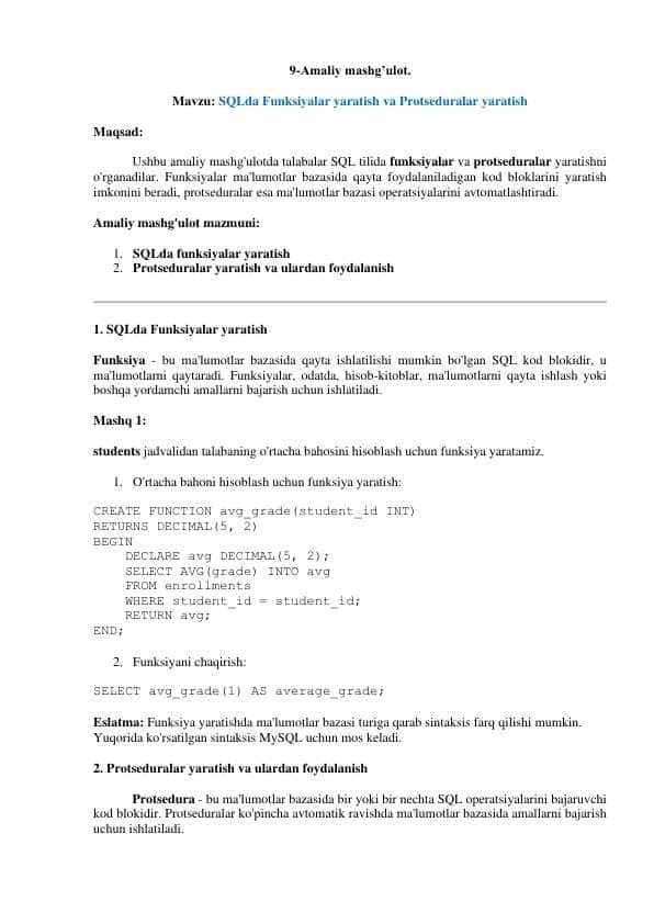 SQLda Funksiyalar yaratish va Protseduralar yaratish