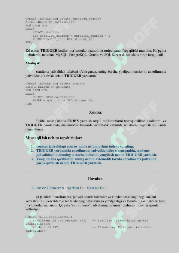 SQL tilida INDEX yaratish va Triggerlar yaratish 2