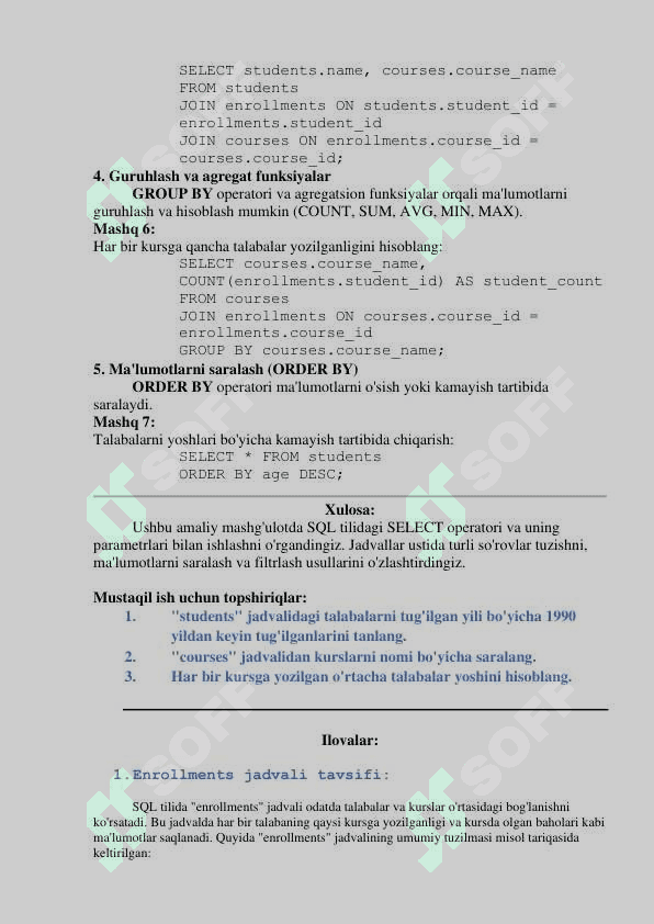 SQL tilining SELECT operatori va uning parametrlari. Jadvallar ustida so`rovlar. Ma'lumotlarni saralash. 2