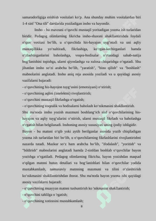 BOSHLANGʻICH SINFLARDA INSHO YOZISHGA OʻRGATISH 8