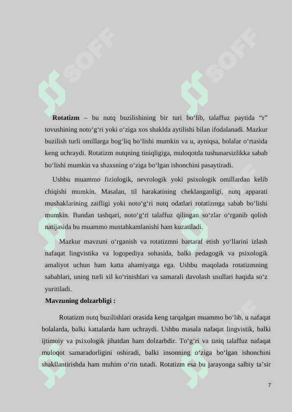 Kurs ishi.  Sigmatizm Rotatizm R tovushni chiqarishda muammolar. 7