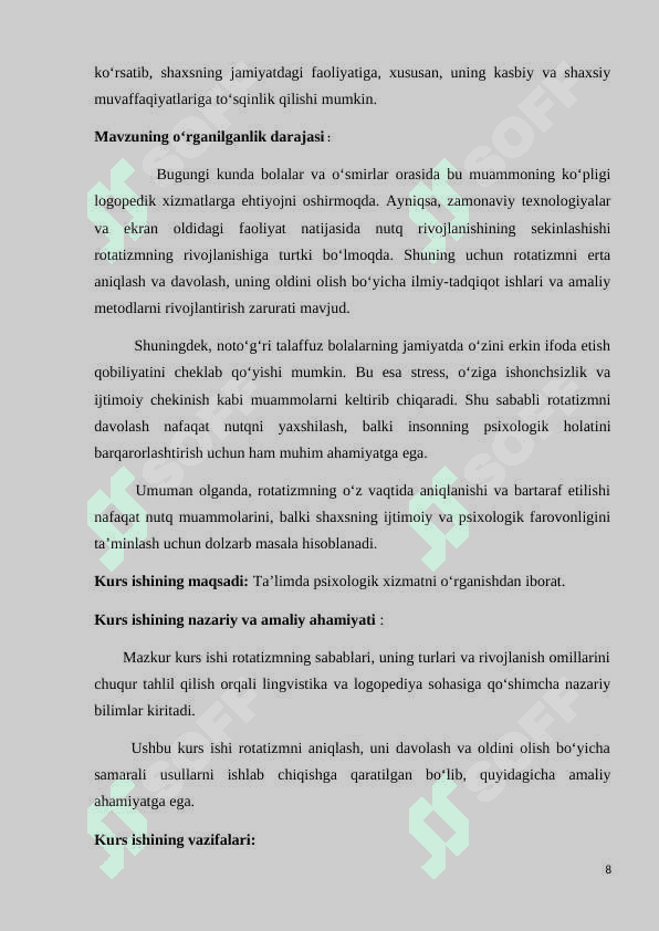 Kurs ishi.  Sigmatizm Rotatizm R tovushni chiqarishda muammolar. 8