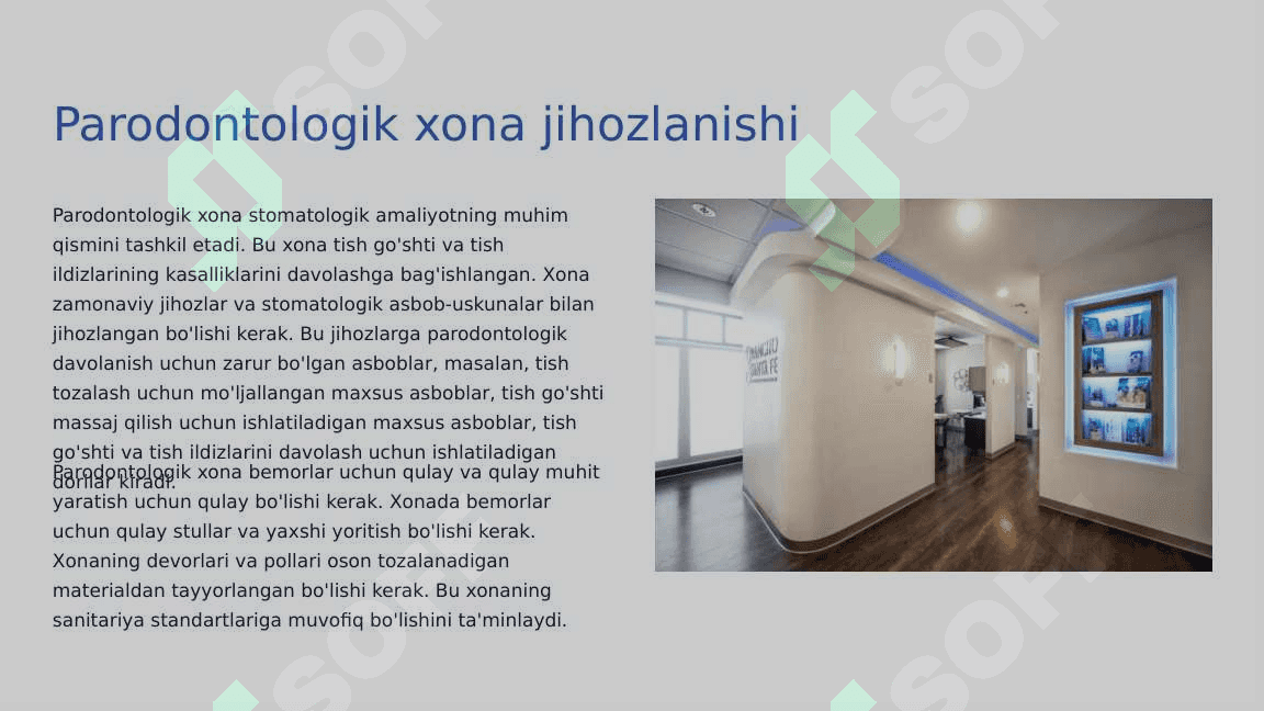 Stomatologik  bo‘lim, xona  (terapevtik, jarroh,  parodontologik,  fizioterapevtik va  boshqalar), uni  jihozlanishi.  Hamshira va kichik  hamshira  majburiyatlari.  Hujjatlar. 4