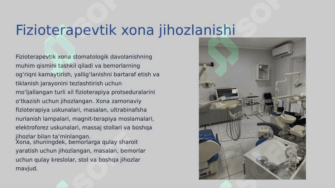 Stomatologik  bo‘lim, xona  (terapevtik, jarroh,  parodontologik,  fizioterapevtik va  boshqalar), uni  jihozlanishi.  Hamshira va kichik  hamshira  majburiyatlari.  Hujjatlar. 5