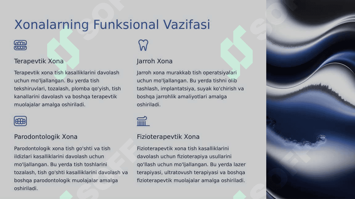 Stomatologik  bo‘lim, xona  (terapevtik, jarroh,  parodontologik,  fizioterapevtik va  boshqalar), uni  jihozlanishi.  Hamshira va kichik  hamshira  majburiyatlari.  Hujjatlar. 7