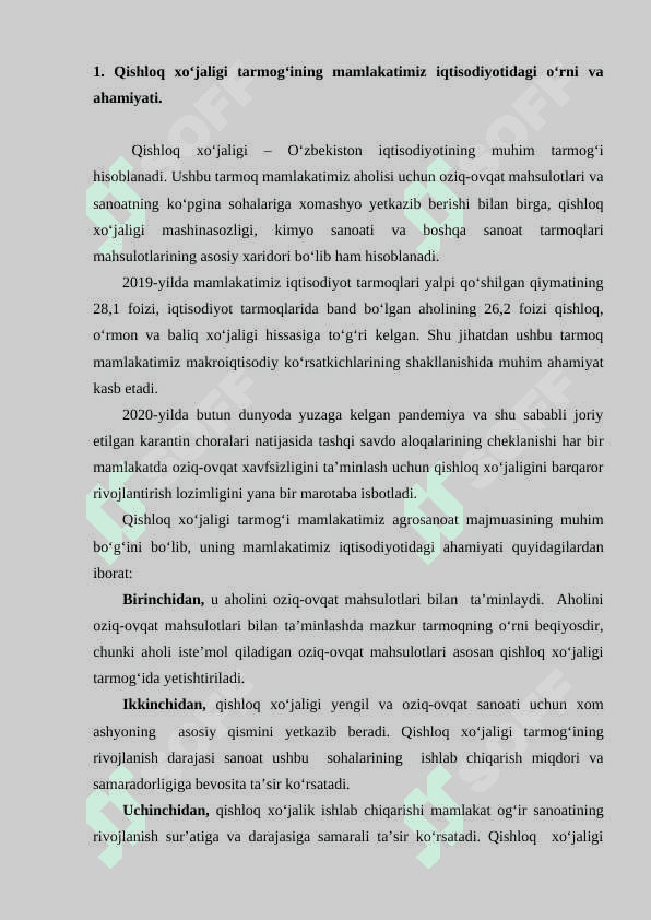 Qishloq xo‘jaligi tarmog‘ining mamlakatimiz iqtisodiyotidagi o‘rni va ahamiyati 2