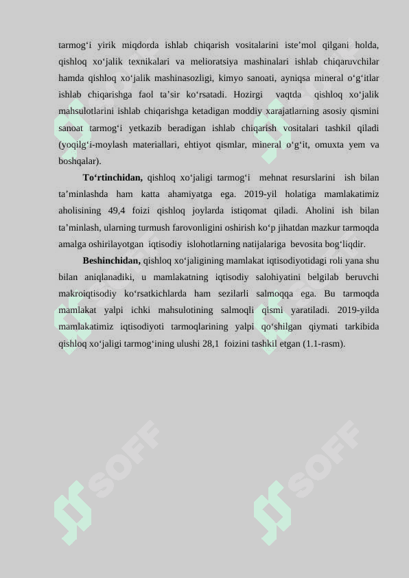 Qishloq xo‘jaligi tarmog‘ining mamlakatimiz iqtisodiyotidagi o‘rni va ahamiyati 3