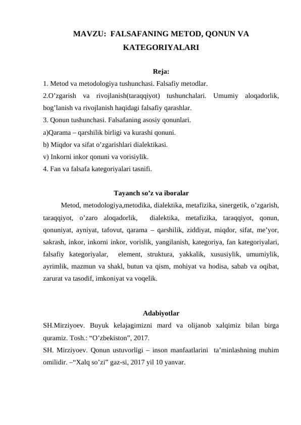 FALSAFANING METOD, QONUN VA KATEGORIYALARI