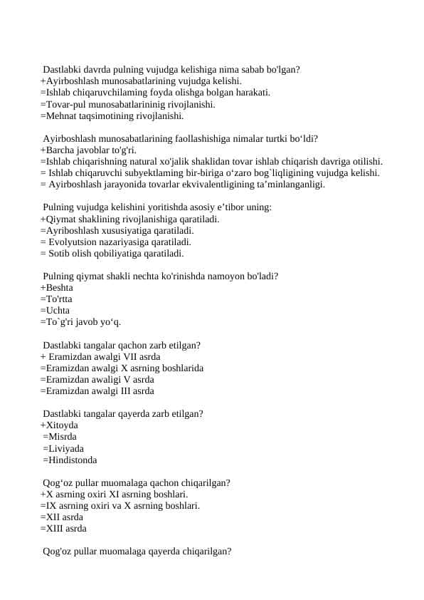 Pul va bank testlar javoblari bilan
