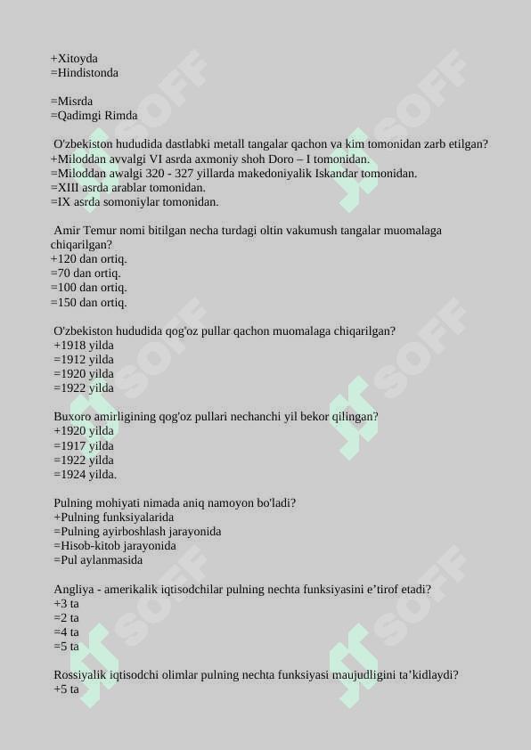 Pul va bank testlar javoblari bilan 2