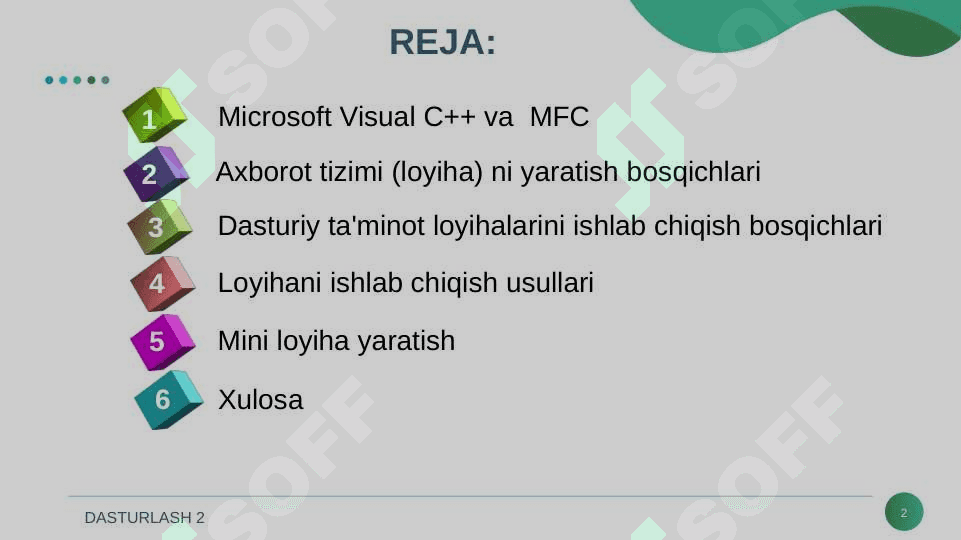 KICHIK LOYIHALAR YARATISH. VISUAL C++ MUHITIDA TURLI SOHAGA OID MISOLLAR YECHISH UCHUN MINI LOYHALASH. 2