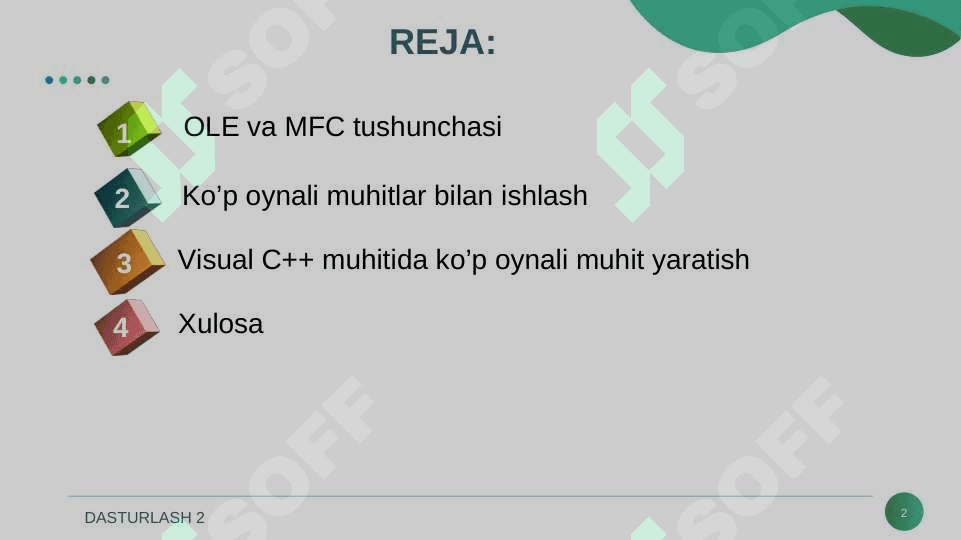 OLE, MFC texnalogiyalari. Ko'p oynali muhitlar bilan ishlash. Visual C++ tilida ko'p oynali muhitlar yaratish. 2