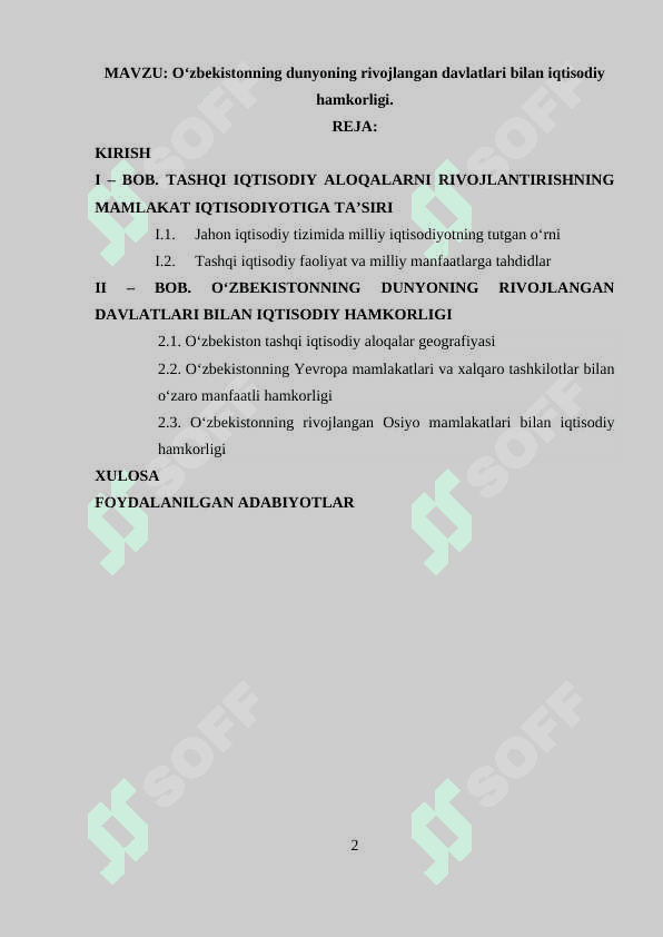 O‘zbekistonning dunyoning rivojlangan davlatlari bilan iqtisodiy hamkorligi 2