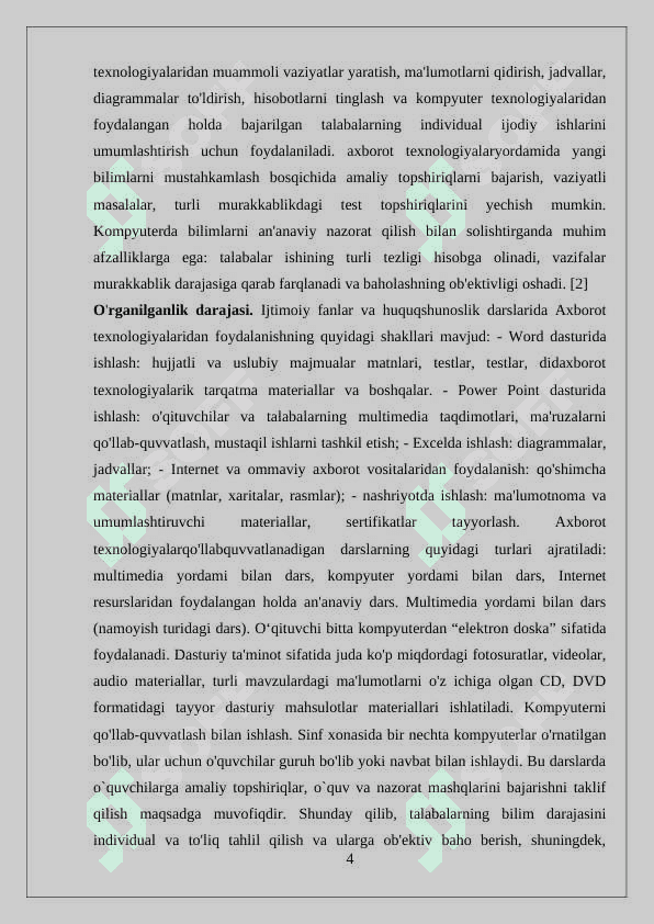 Milliy g'oya ma'naviyat asoslari va huquq fani yuzasidan davlat taʼlim standarti oʻquv dasturlari,darslik qoʻllanmalar asosiy va qoʻshimcha adabiyotlar tahlili 4