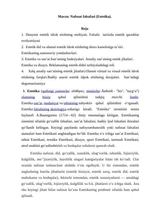 Nafosat falsafasi (Estetika).