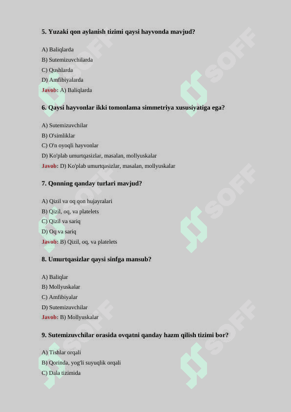 Zoologiya fani bo'yicha 30 ta test savollari va ularning 2