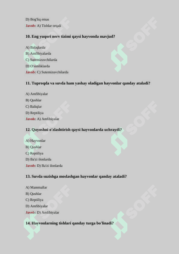 Zoologiya fani bo'yicha 30 ta test savollari va ularning 3
