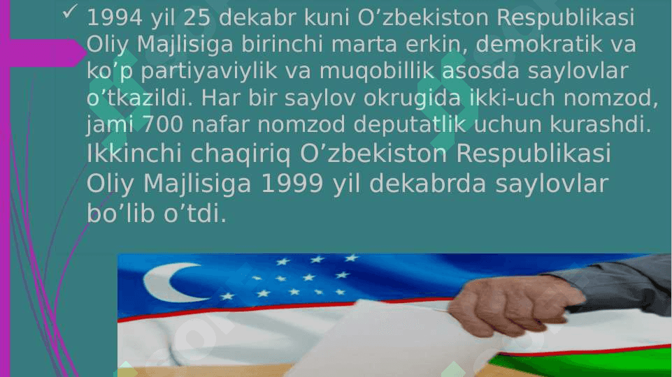 O’zbekistonda huquqiy-siyosiy islohotlarning amalga oshirilishi. 6